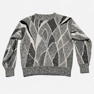 Vintage City Streets Mens Large Geometric Knit Sweater Crewneck Grey White Black